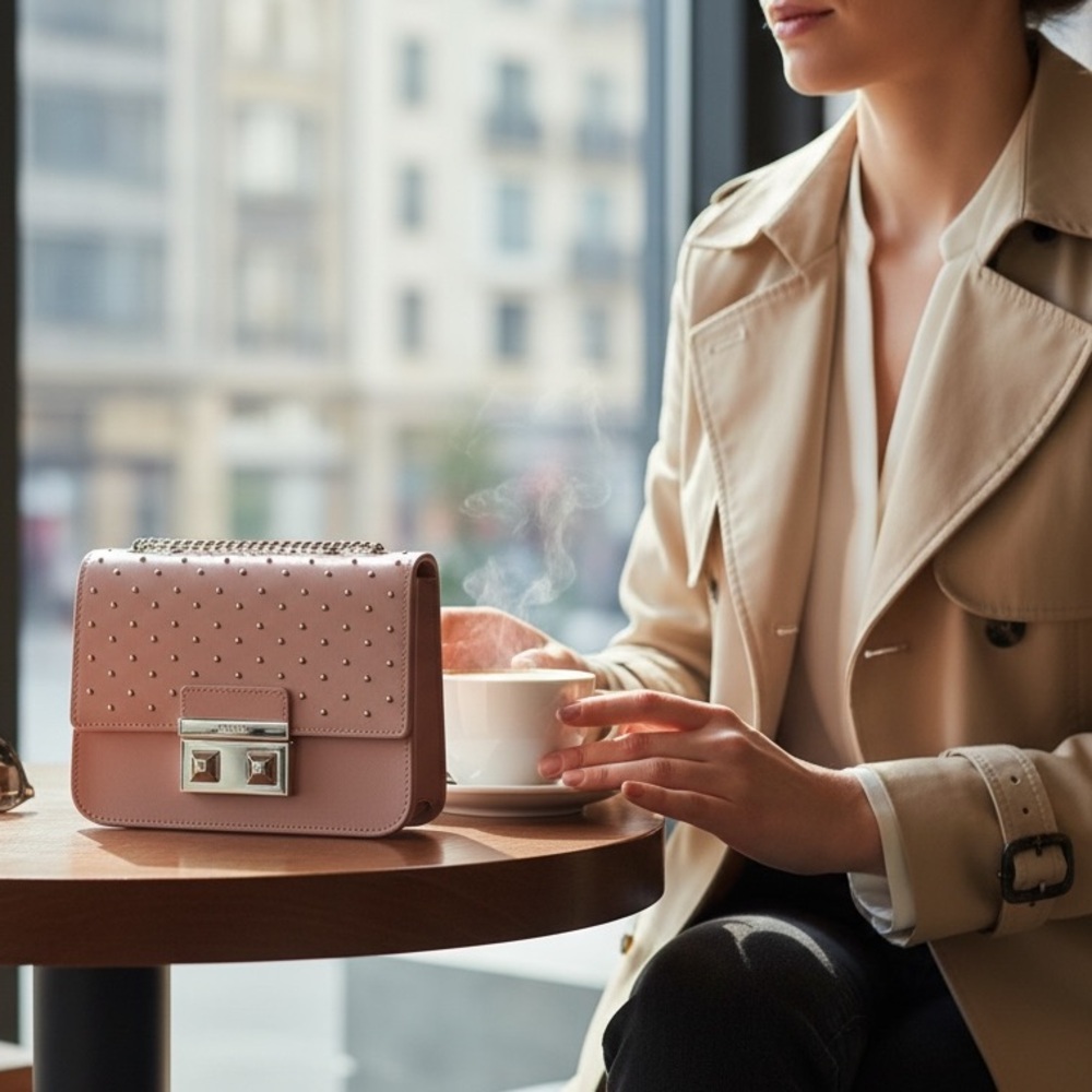 Furla Metropolis Mini Studded Leather Crossbody Blush Pink Saffiano Chain Bag - Picture 2 of 15